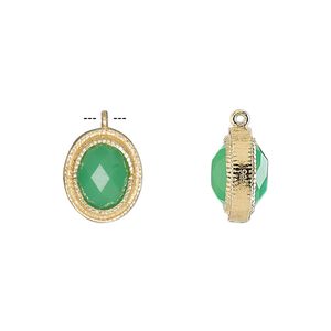 Drop, chalcedony (dyed) and gold-finished sterling silver, sea green 13x11mm double-sided faceted oval. Sold individually.