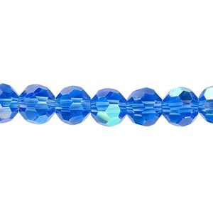 Bead 1pk 32 facets translucent medium blue AB, Celestial Crystal&reg; 8mm round 15.5-16 inch