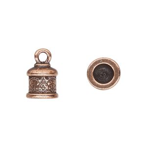 Cord end, glue-in, TierraCast&reg;, antique copper-plated pewter (tin-based alloy), 10.5x10mm with temple design, 5.7mm inside diameter. Sold per pkg of 2.