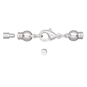 Clasp lobster claw 1pkg3 silver-plated, 37x7mm / 8x6mm twist-off end / fits 2mm cord, brass 1-strand