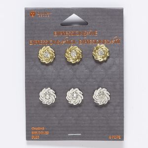 Slide mix, glass / silver- / gold-finished "pewter" (zinc-based alloy), clear, 12mm swirl, 6.5mm hole. Sold per pkg of 6.