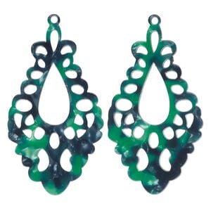Focal, resin, green and dark green, 51.5x29mm fancy teardrop with cutouts. Sold per pkg of 2.