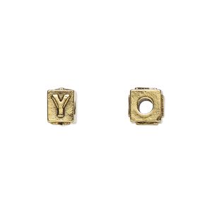 Bead 1pkg4 gold-plated pewter, 8x6mm rectangle / letter Y, antique Dione&reg;