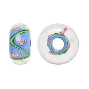 Bead, lampworked glass, multicolored, 20x10mm rondelle with flowers and leaves design. Sold per pkg of 2.
