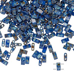 Seed bead, TILA&reg;, glass, pkg/40g, 5x2.3mm half tila rectangle, opaque Picasso cobalt blue, (HTL-4518).