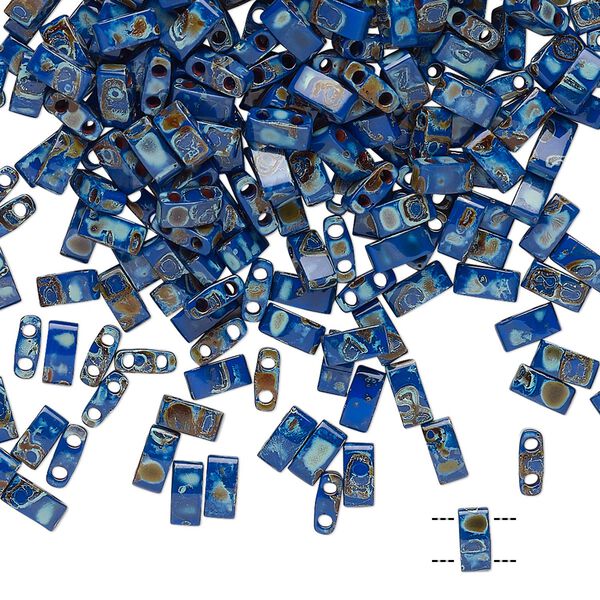 Seed bead, TILA&reg;, glass, pkg/40g, 5x2.3mm half tila rectangle, opaque Picasso cobalt blue, (HTL-4518). image number 0