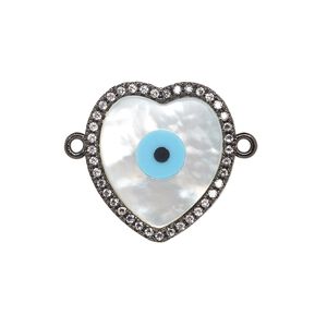 Link, black-finished brass / mother-of-pearl shell / cubic zirconia / resin 1pkg1, multicolored, 18x17mm single-sided heart with eye design.