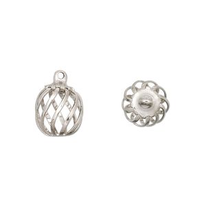 Drop, imitation nickel-plated steel and brass, 11x9mm swirled oval bead cage. Sold per pkg of 20.