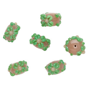 Bead, lampworked glass 1pkg6, opaque tan / green, 18x11mm rondelle with flowers.