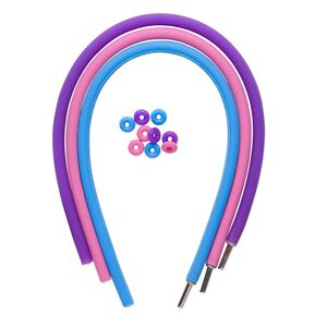 Bracelet cord 1pkg3 silicone and stainless steel, pink / purple / blue, 4mm round, 7-1/2 inches with pop-style clasp.