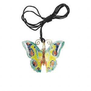 Focal, cloisonn&eacute; and copper, purple / yellow / green, 49x38mm butterfly on adjustable black cord. Sold individually.