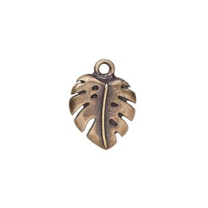 Charm, TierraCast&reg;, antique brass-plated pewter (tin-based alloy), 16x14.5mm monstera leaf. Sold individually.