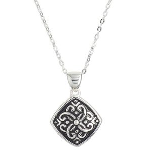 Necklace, Create Compliments&reg;, sterling silver and enamel, black, 15.5mm diamond with dot and swirl design, adjustable at 18 and 20 inches with springring clasp. Sold individually.