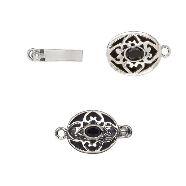 Clasp tab 1pkg1 sterling silver / black onyx, 18x15mm oval / 6x4mm faceted, 1-strand image number 0