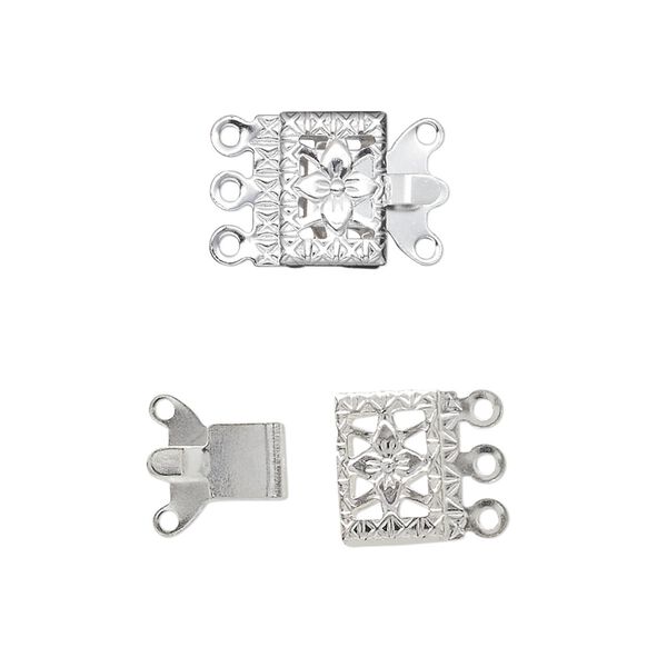 Clasp tab 1pkg10, 10x7mm filigree square, silver-finished brass 3-strand image number 0
