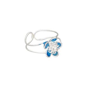 Ring, epoxy and silver-plated brass, blue, 10.5mm wide with 10.5x10mm flower, adjustable. Sold individually.