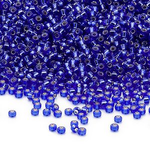 Seed bead, Miyuki, glass, pkg/250g, #15 rocaille, transparent silver-lined cobalt (RR-20).