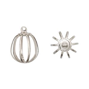 Drop, imitation nickel-plated steel and brass, 15x13mm oval bead cage. Sold per pkg of 100.