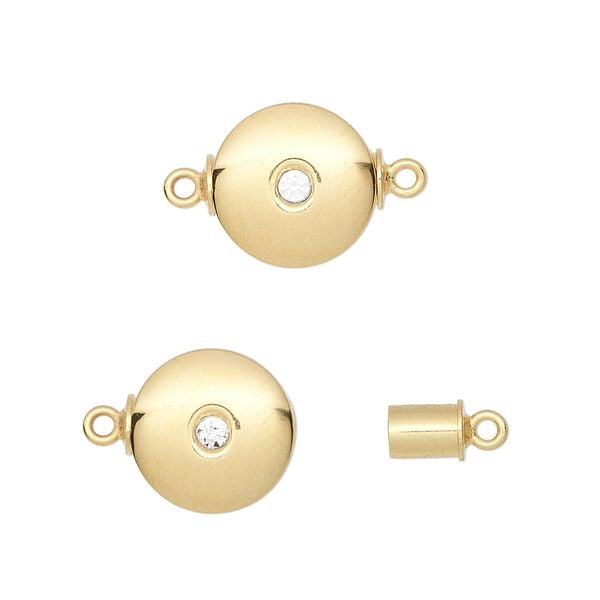 Clasp magnetic 1pkg1 gold-plated, 12mm flat round, brass / clear cubic zirconia 1-strand image number 0