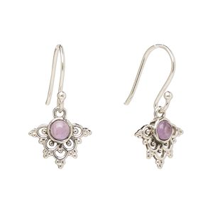 Earring, Create Compliments&reg;, antiqued sterling silver and amethyst (natural), fishhook, 24.5mm with 13x11mm single-sided beaded fancy arrowhead, 21 gauge. Sold per pair.