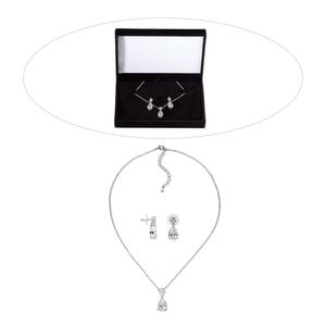 Necklace and earring set, cubic zirconia / stainless steel / rhodium-finished brass, clear, 22mm dangle, 15" to 16" necklace with 2-inch extender chain and lobster claw clasp, 24mm earrings with post. Sold per set.