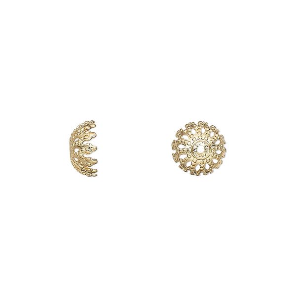 Bead cap, gold-plated brass, 8x4mm fancy round, fits 8-10mm bead. Sold per pkg of 100. image number 0
