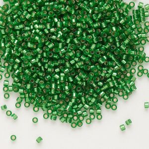 Seed bead, Delica&reg; 1pkg7.5g glass, #11 round, translucent semi-matte silver-lined green / outside dyed (DB-0688)