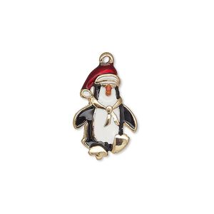 Charm, enamel and gold-finished "pewter" (zinc-based alloy), multicolored, 20x13mm single-sided penguin with Santa hat. Sold individually.