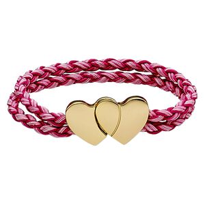 Bracelet, 2-strand, imitation leather and gold-finished "pewter" (zinc-based alloy), pink and dark pink, 7mm wide braided round with 30x17mm double heart, 6-1/2 inches with magnetic clasp. Sold individually.