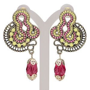 Earring, acrylic / acrylic rhinestone / enamel / stainless steel / antique gold-finished brass / steel / "pewter" (zinc-based alloy), multicolored, 2-1/3 inches with post. Sold per pair.