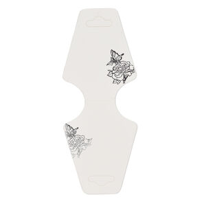 Necklace card, paper, opaque white and silver, 1-3/4 x 2-1/4 inch assembled with double-sided butterfly and flower design. Sold per pkg of 100.