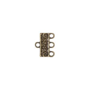 End bar 1pkg12 "pewter", 12x5mm rectangle / swirl / 2sided / 3 closed loops, brass-finished / antiqued