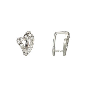 Bail, ice-pick, Egyptian glass rhinestone and imitation rhodium-plated brass, clear, 13x9mm heart, 9mm grip length. Sold per pkg of 6.