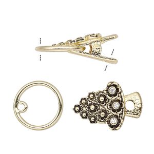 Clasp alligator clip 1pkg1 gold-finished "pewter" (zinc alloy), 20x19mm bell, antique steel, clear rhinestone 1-strand
