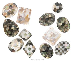 Focal mix, black lip shell / gold lip shell / mother-of-pearl shell (assembled) 1pkg3, 25mm-44x35mm mixed shape with inlaid mixed design.