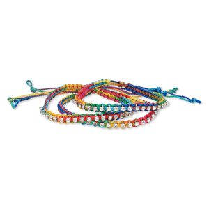 Bracelet, glass rhinestone / nylon / silver-plated brass, multicolored, 6mm wide with cupchain, adjustable from 7 to 8-1/2 inches with knot closure. Sold per pkg of 3.