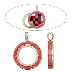 Pendant, Almost Instant Jewelry&reg;, epoxy / crystals / gold-finished "pewter" (zinc-based alloy), rose pink and crystal clear with glitter, 45x35mm single-sided with 30mm round setting. Sold individually.
