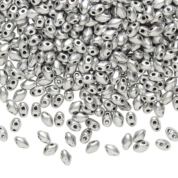 Bead, Preciosa Mini Twin&trade;, Mini Pressed Twin, Czech pressed glass, opaque silver, 4x2.5mm oval with (2) 0.7mm holes. Sold per 250-gram pkg. image number 0
