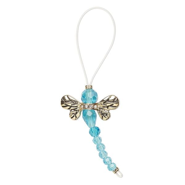 Bead 1pkg2 gold-finished "pewter", 32x22mm dragonfly, glass / clear & aqua blue / antique image number 0