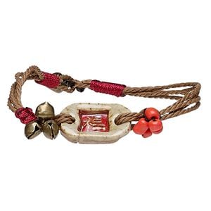 Bracelet, porcelain / waxed cotton cord / antique brass-finished steel, multicolored, 12mm wide with 30x12mm rounded rectangle with Chinese character for "blessing," 7 inches with button clasp. Sold individually.