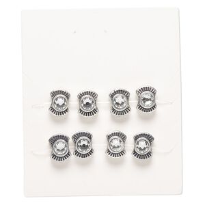 Bead 1pkg8 silver-finished "pewter", 11x8mm pinched round, crystal clear antique