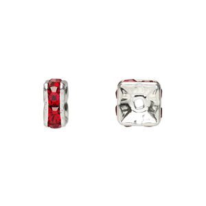 Bead 1pkg10 silver-plated, 8x4mm squaredelle, brass / red rhinestone