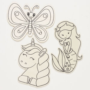 Focal assortment 1pkg3, wood (natural), tan and black, 4-1/2 x 2-1/2 mermaid / 4x3 inch unicorn / 4x3 inch butterfly.