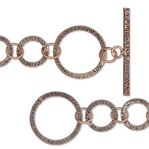 Chain 1pkg1 link, 25mm textured round / toggle clasp, antiqued copper 36 inch