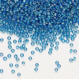 Seed bead, Miyuki, glass, pkg/25g, #11 rocaille, translucent rainbow Capri blue (RR-291).