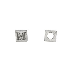 Bead 1pkg4 pewter, 7mm cube / Greek letter Mu, antiqued