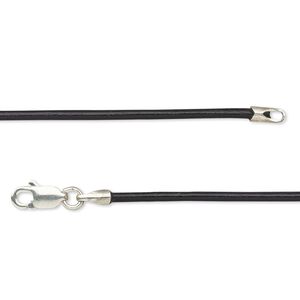 Necklace cord, Ellada Leather&trade;, Greek leather (dyed) and sterling silver, black, 1.5mm width, round, 18 inches with lobster claw clasp. Sold individually.