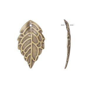 Charm, antique brass-finished brass, 25x15mm single-sided curved leaf. Sold per pkg of 10.