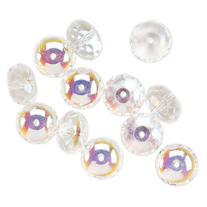 Bead, Czech fire-polished glass, clear AB, 14x9mm faceted rondelle. Sold pkg of 12.