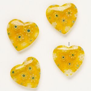 Bead, millefiori glass, translucent yellow-orange and multicolored, 18-20mm half-drilled puffed heart. Sold per pkg of 4.